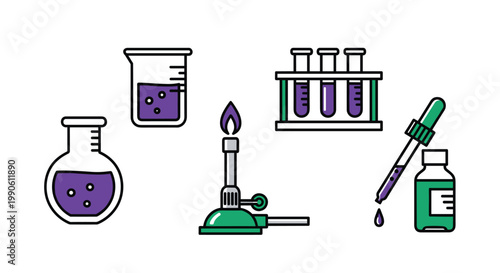 Colorful illustration of various laboratory equipment and tools for science experiments, Generative AI.