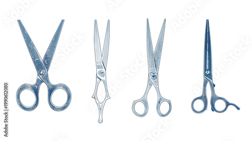 Four stylized, monochromatic illustrations of scissors, each with a different design, set against a white backdrop