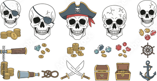 Pirate Adventure Icon Set Featuring Skulls with Eyepatches, Gold Coins, Treasure Chests, Swords, and Nautical Elements for Games, Parties, and Maritime Graphic Design