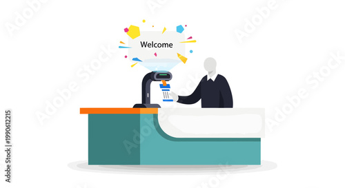 Receptionist greeting guest at hotel or office welcome desk