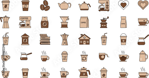 Set of Coffee and Café Icons Featuring Cups, Beans, Machines, and Accessories in Brown and Beige Color Palette