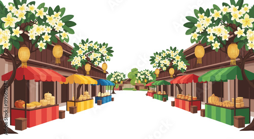Vibrant street market scene with colorful stalls and flowers