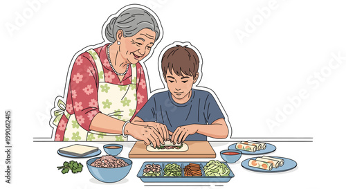 Woman and child preparing food together in kitchen