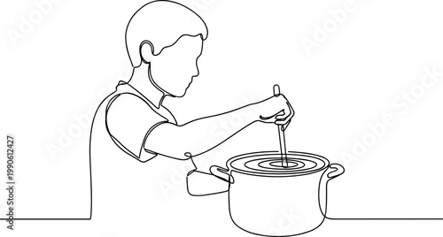 Man stirring food in pot kitchen.