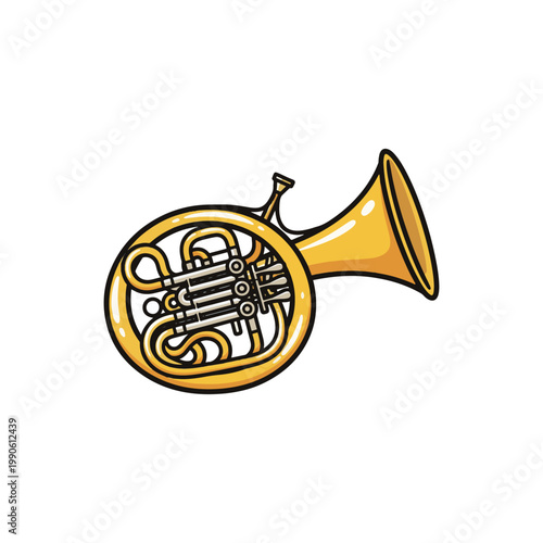 Professional golden brass French horn musical instrument isolated on a white background for orchestral design.