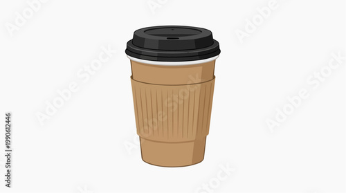 A vector illustration of a brown disposable coffee cup with a black lid on a white background