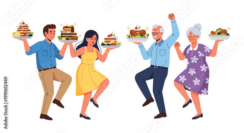 People dancing with plates of food in a celebratory mood
