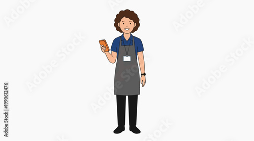 A cartoon illustration of a smiling worker holding a phone in a modern workspace setting.
