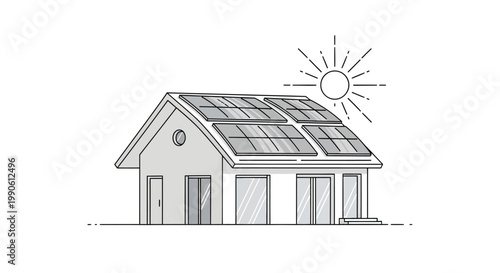 Eco-friendly house with solar panels on roof and sunny sky