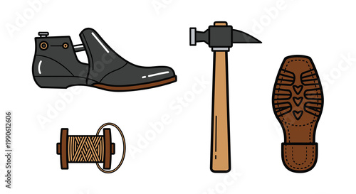 Vector illustration of shoe making tools including a shoe last hammer thread spool and dress shoe, Generative AI.