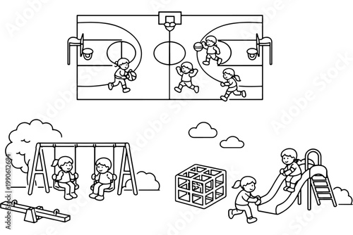 Children Playground and Sports Activity Outline Illustration
