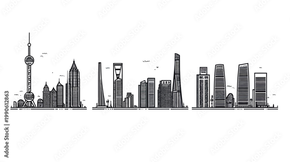 Obraz premium Black and white illustration of city skyline with various high rise buildings and structures