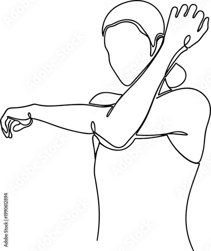 Person stretching arm and shoulder muscles.