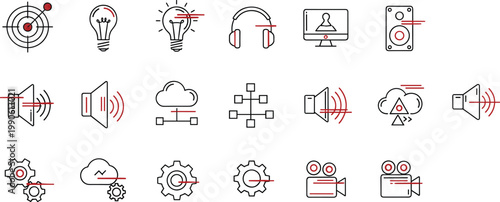 Tableau sur toile Technology and multimedia line icon set featuring audio video controls connectiv