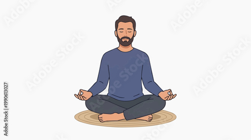 A serene cartoon man meditating in a peaceful yoga pose on a beige mat