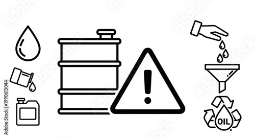 Oil industry icons representing storage handling and recycling safety.