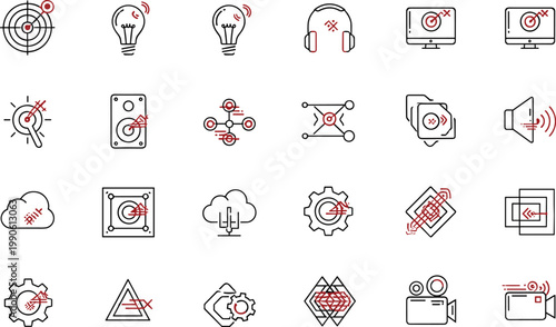Technology and targeting line icon set featuring analytics media connectivity and digital optimization concepts collection
