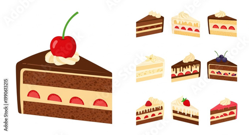 Collection of delicious cake slices with cherry on top.