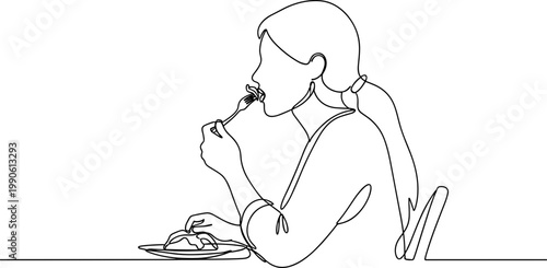 Woman eating food with fork slowly.