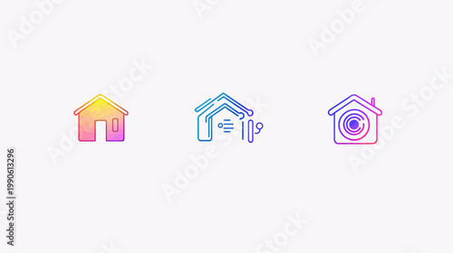 Three gradient-colored house icons on a plain background. Symbolism of smart home technology