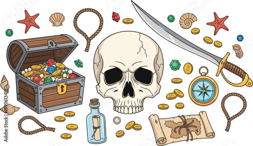 Pirate Treasure Vector Illustration Set with Human Skull, Open Chest Full of Gold Coins, Vintage Map, Cutlass Sword, and Compass for Adventure Designs