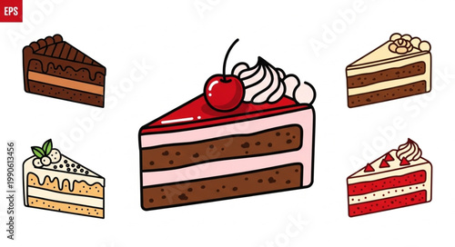 Assortment of Delicious Cake Slices Decorated with Fruit and Cream.