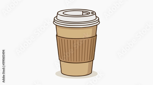 A vector illustration of a disposable coffee cup with a brown sleeve and white lid