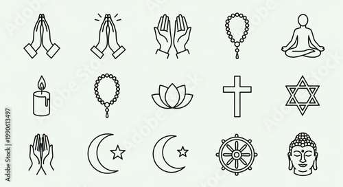 Collection of religious symbols and icons representing different faiths.