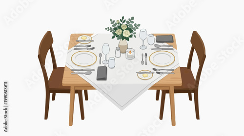 A minimalist vector illustration of a set table with two chairs and a floral centerpiece