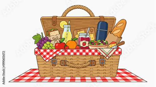 A colorful vector illustration of a wicker picnic basket filled with food on a red and white checkered mat