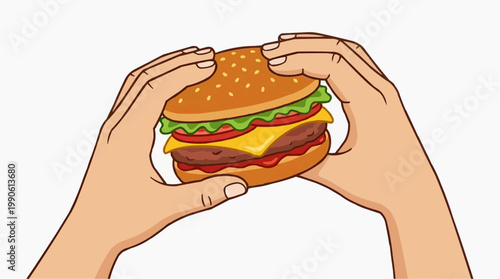 A vector illustration of hands holding a cheeseburger with lettuce and tomato