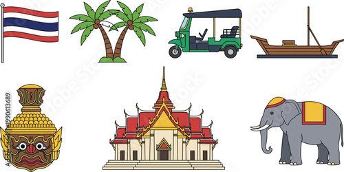 Set of Thailand Icons Featuring National Flag, Elephant, Tuk-Tuk, Temple, and Traditional Symbols in Vibrant Colors