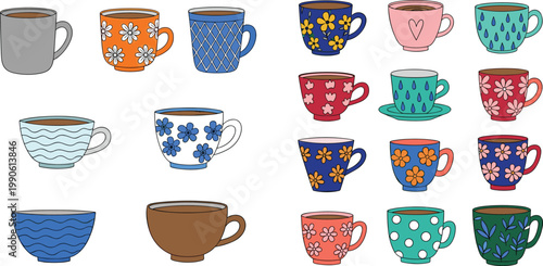 Colorful Coffee Cup and Mug Collection Set with Floral Patterns, Polka Dots, and Modern Designs for Kitchen, Cafe, Beverage, and Drink Illustrations
