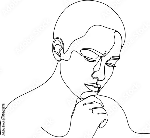 Woman thinking with hand on chin.