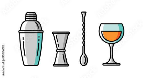A set of four colorful cocktail making tools, Generative AI.