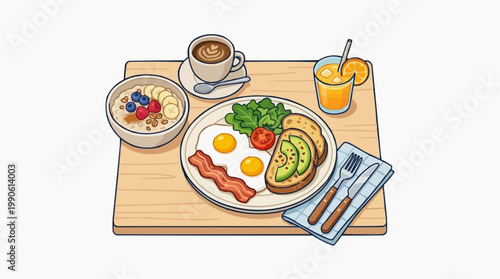 A vector illustration of a breakfast meal on a wooden tray with food and drink