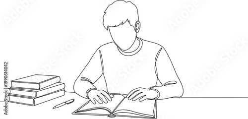 Young man studying with open book.
