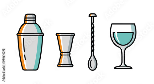 A colorful illustration of a cocktail shaker jigger muddler and wine glass, Generative AI.