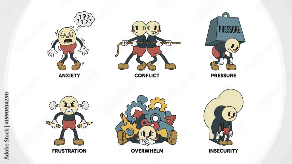 Fototapeta premium Retro Cartoon Characters Depicting Stress, Anxiety, Conflict, Frustration, Overwhelm, Insecurity & Mental Health Issues