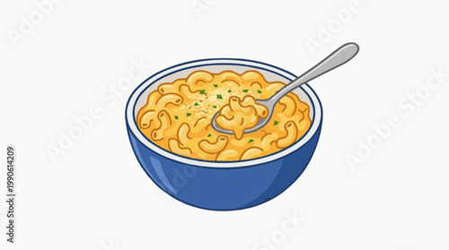 A vector illustration of a blue bowl filled with macaroni and cheese and a spoon.