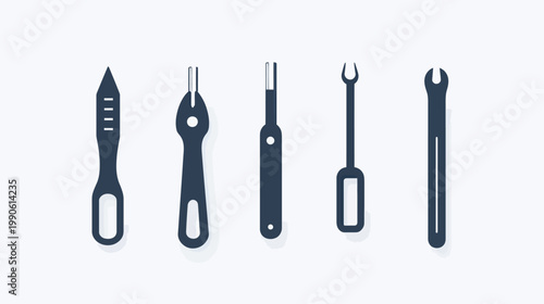 Five stylized dark blue tools against a white backdrop. Each tool has a unique shape and handle