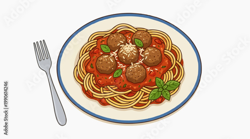A vector illustration of a plate of spaghetti with meatballs and a fork on the side