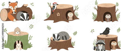 Set of Cute Forest Animals Resting in Tree Stumps Including Fox, Owl, Raccoon, Rabbit, and Woodpecker