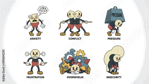 Retro Cartoon Characters Depicting Stress, Anxiety, Conflict, Frustration, Overwhelm, Insecurity & Mental Health Issues