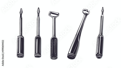 Stylized illustration of various hand tools, screwdrivers, with white backdrop and outlined design