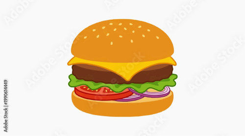 A colorful vector illustration of a cheeseburger with lettuce, tomato, and onion on a white background