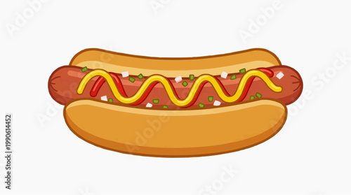 A colorful vector illustration of a hot dog with condiments on a white background