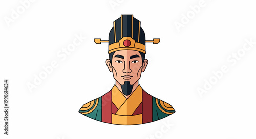 Ancient emperor portrait with regal presence wearing a colorful ceremonial robe and ornate headdress