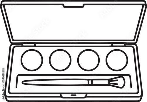 Outline illustration of an open makeup palette with four circular compartments and a brush beauty case makeup artist cosmetics circular compartments illustration accessory container eyeshadow