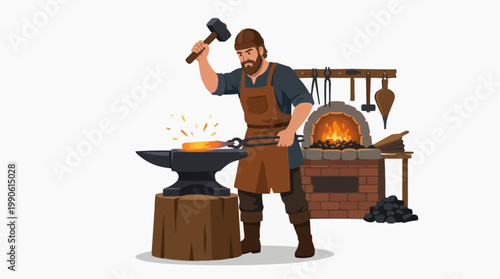 A blacksmith hammering a glowing piece of metal on an anvil in a workshop